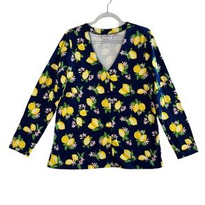 Quacker Factory Lemon Print‎ Top Medium Fruit Graphic Cottagecore Preppy Coastal